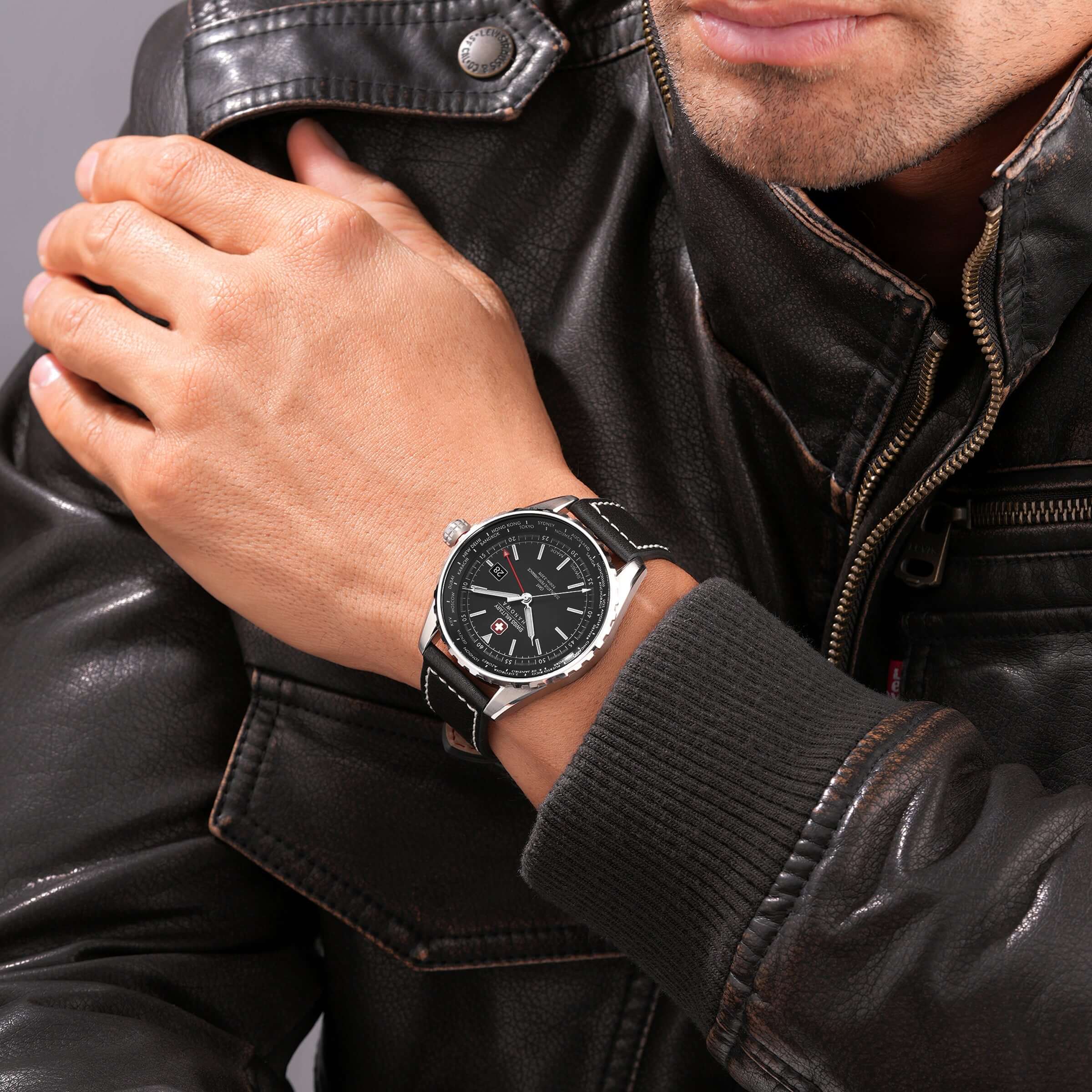 AFTERBURN GMT Leather/Stainless Steel Black 42mm GMT Armbanduhr Herren  Swiss Made - Image 3