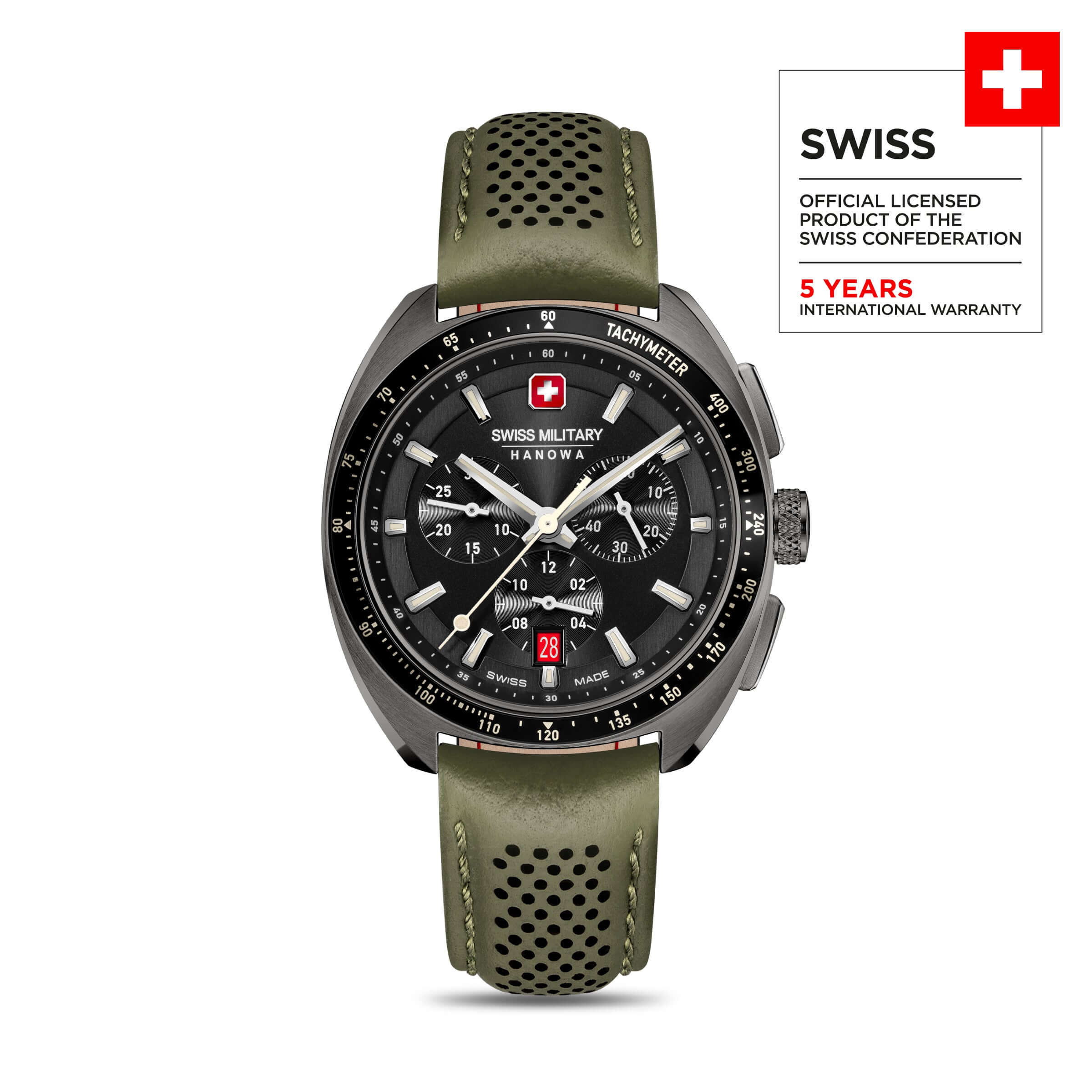 DEFENDER Chronograph Green Leather 43mm Herrenuhr Leder - Swiss Made