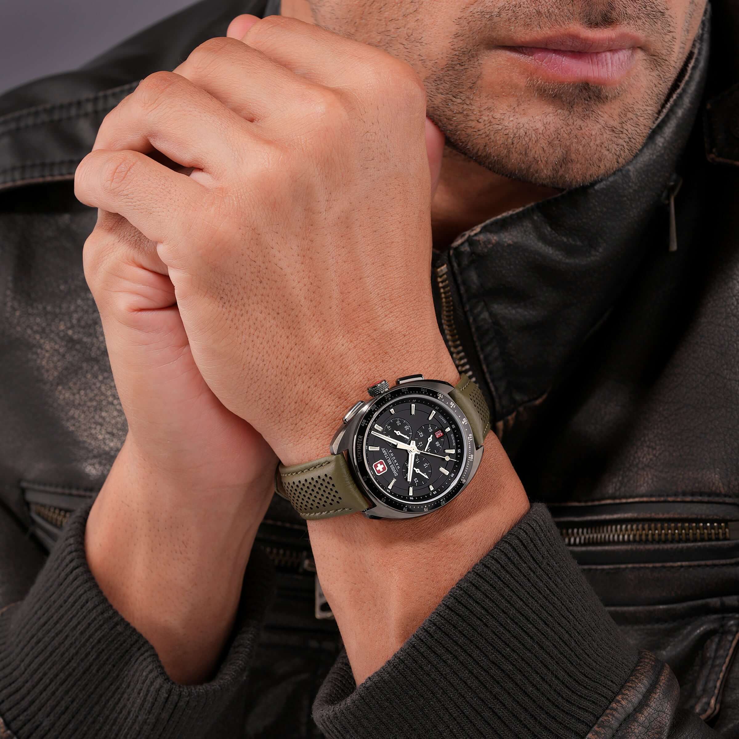 DEFENDER Chronograph Green Leather 43mm Herrenuhr Leder - Swiss Made - Image 5