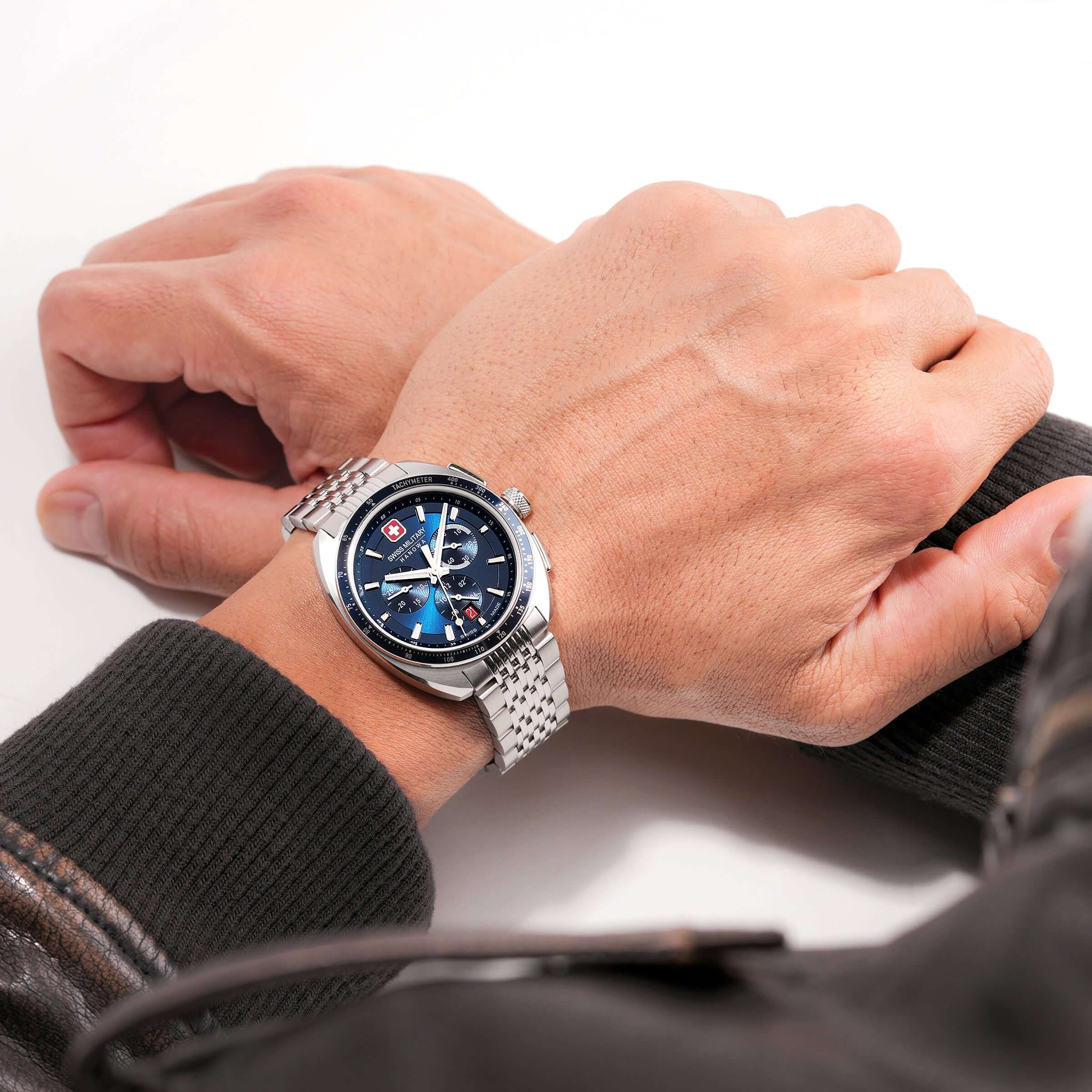 DEFENDER Blue Stainless Steel 42mm Herren Leder Armband - Swiss Made - Image 3
