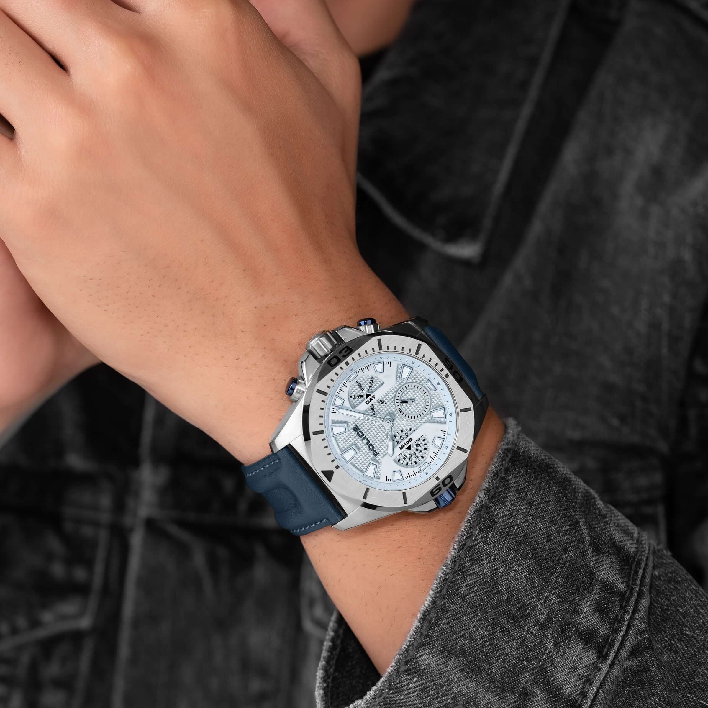 Police Herren Chronograph Uhr Blau/Silber Leder Armbanduhr Herrenuhr Chronographen Herrenarmbanduhr - Image 2