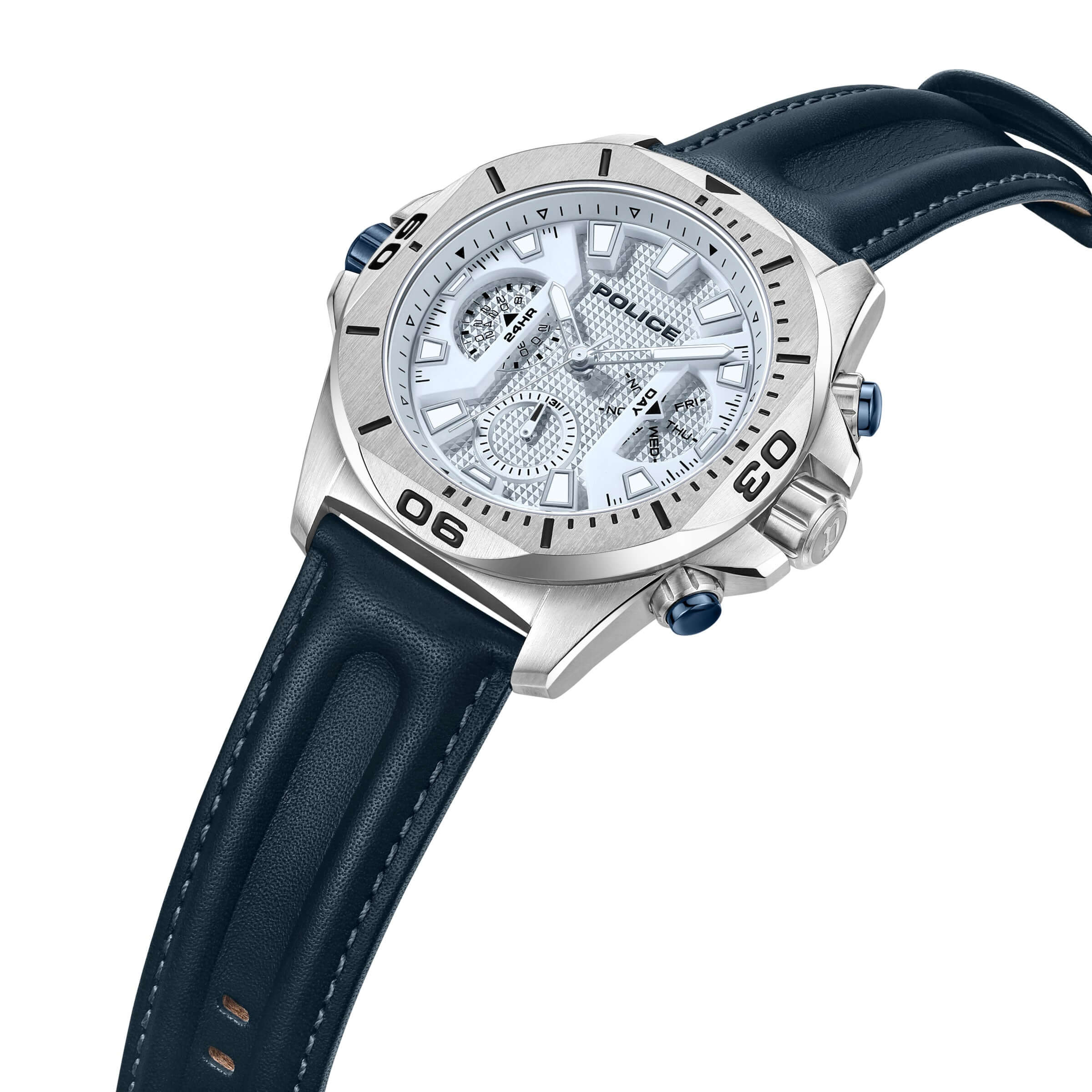 Police Herren Chronograph Uhr Blau/Silber Leder Armbanduhr Herrenuhr Chronographen Herrenarmbanduhr - Image 4