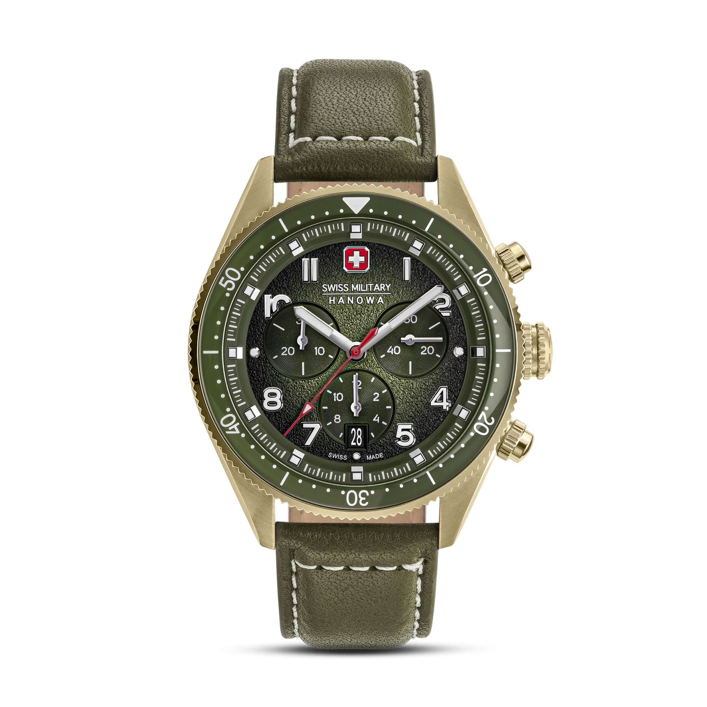GREYHOUND CHRONO Herren Armbanduhr Leder Grün 42mm - Swiss Made