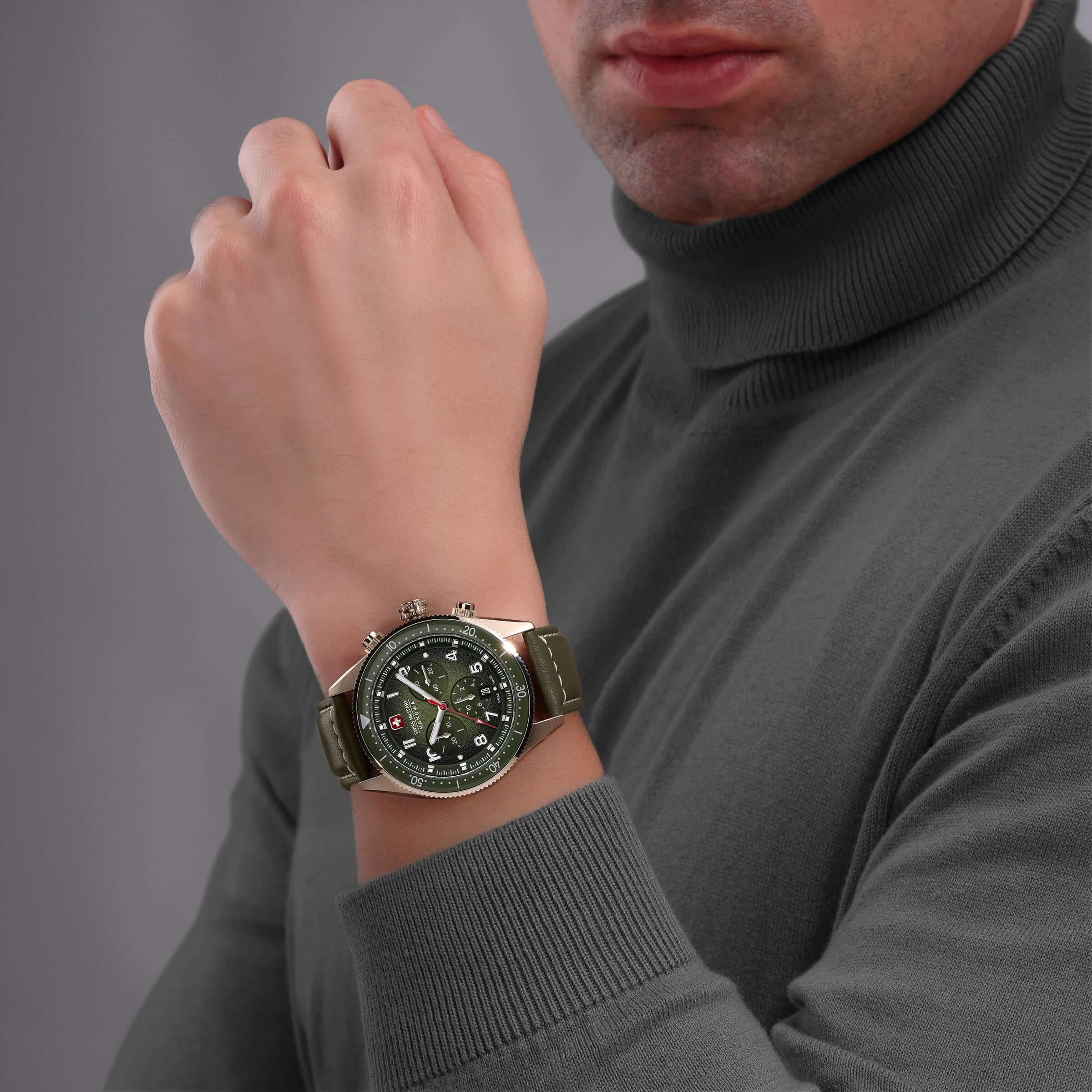 GREYHOUND CHRONO Herren Armbanduhr Leder Grün 42mm - Swiss Made - Image 3