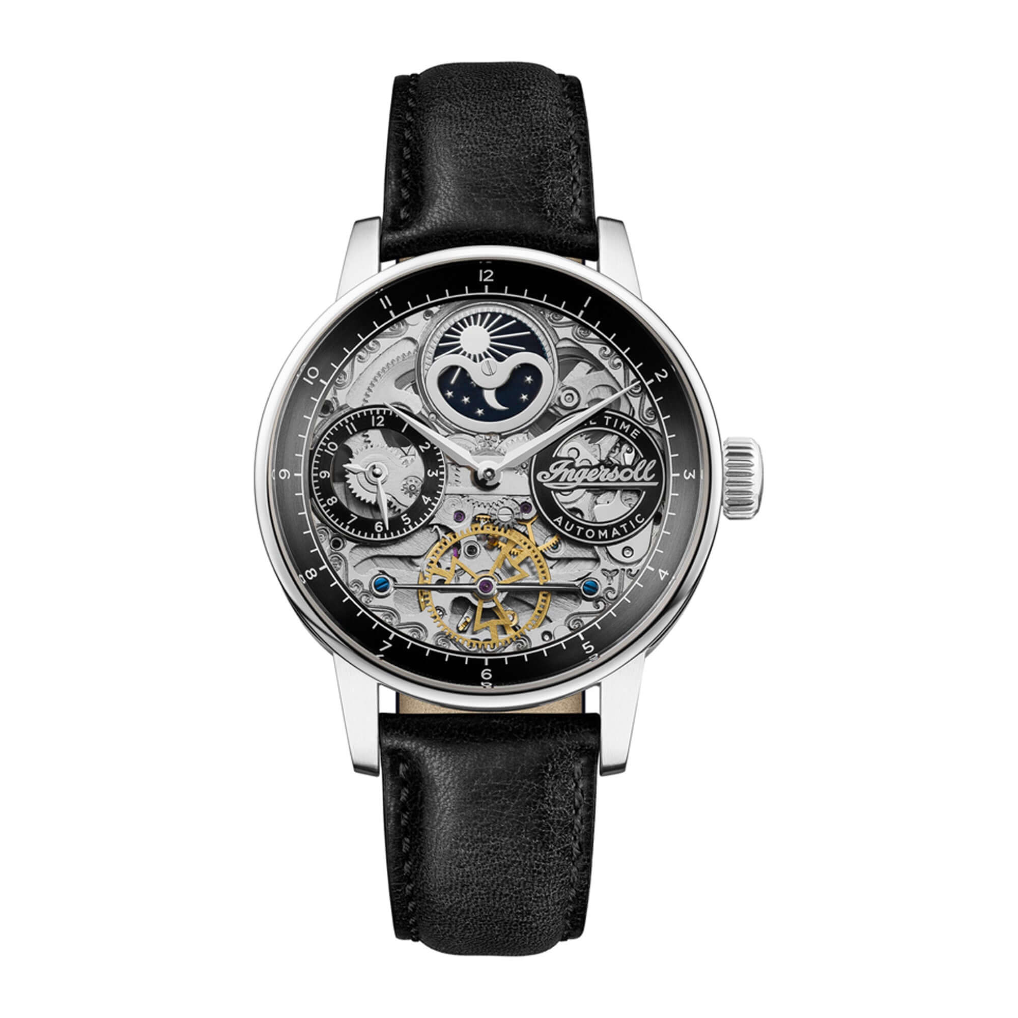 Ingersoll The Jazz 42 mm Automatik-Mondphasenuhr für Herren mit silbernem Skelett-Zifferblatt und Schwarz Echtlederarmband I07701