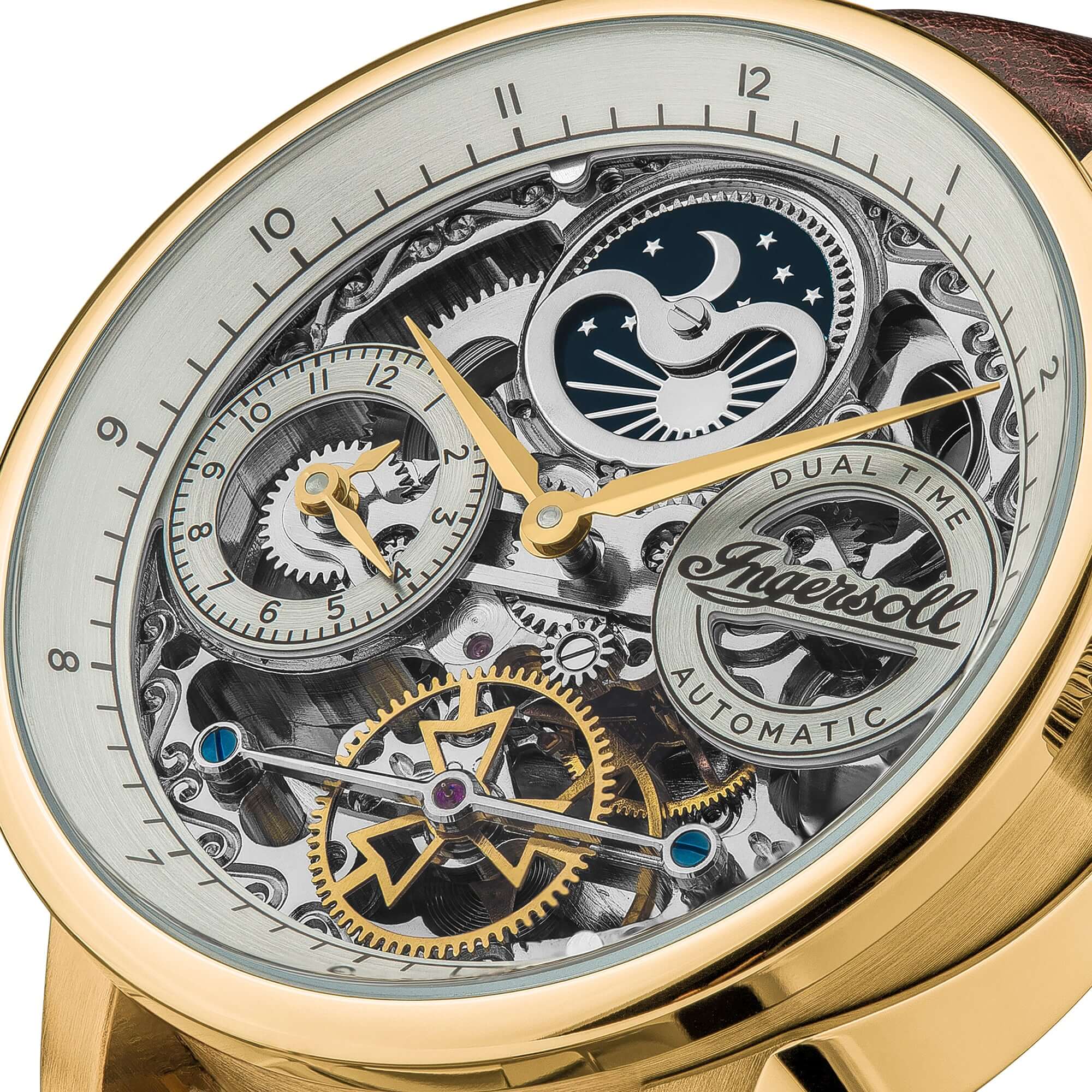 Ingersoll The Jazz 42 mm Automatik-Mondphasenuhr für Herren mit hellgoldenem Skeleton-Zifferblatt und Braunem Echtlederarmband I07704 - Image 4