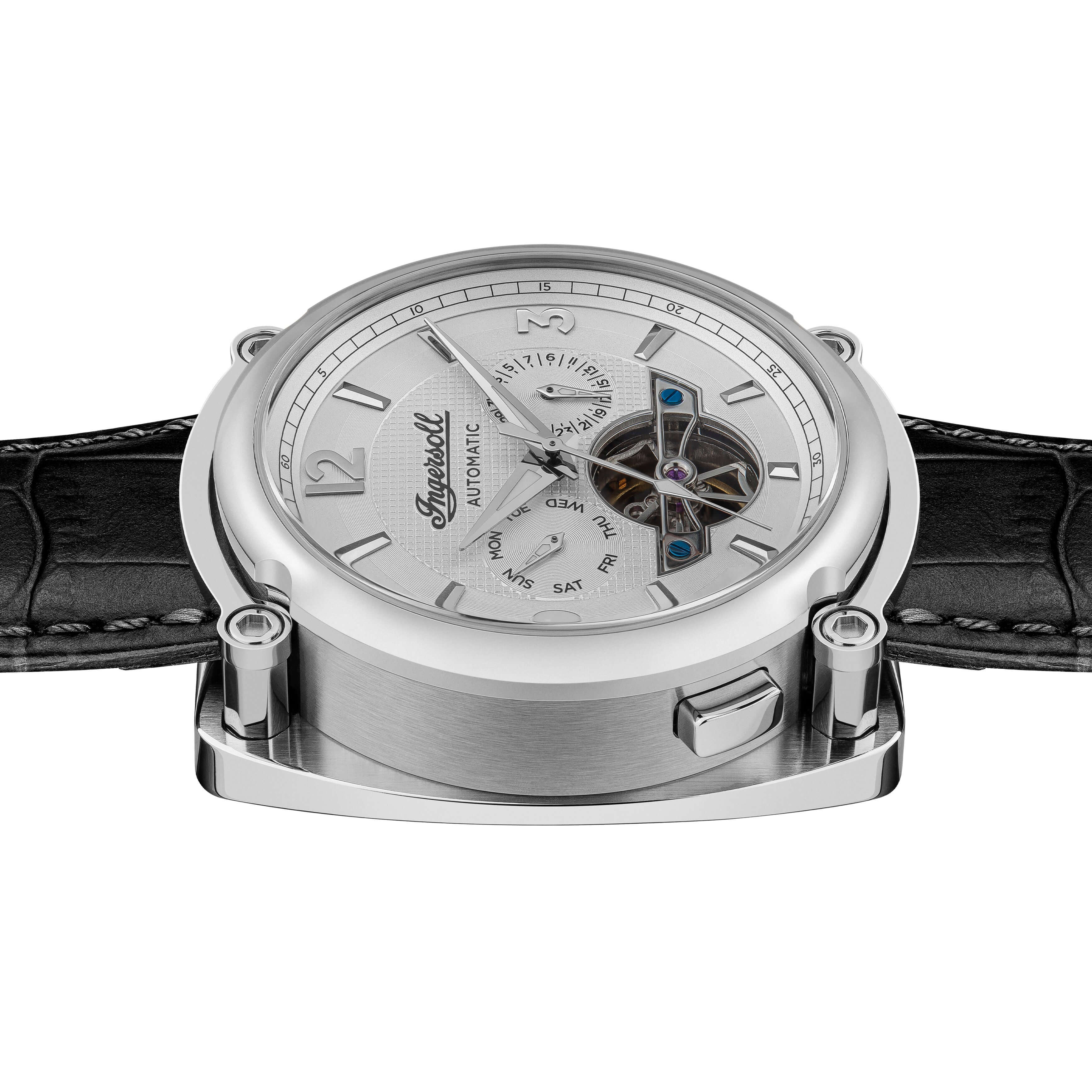 Ingersoll The Michigan Her­ren-Au­to­ma­tik­uhr, 45 mm, mit silbernem Open-Heart-Zif­fer­blatt und schwarzem Echt­le­der­arm­band I01105 - Image 3