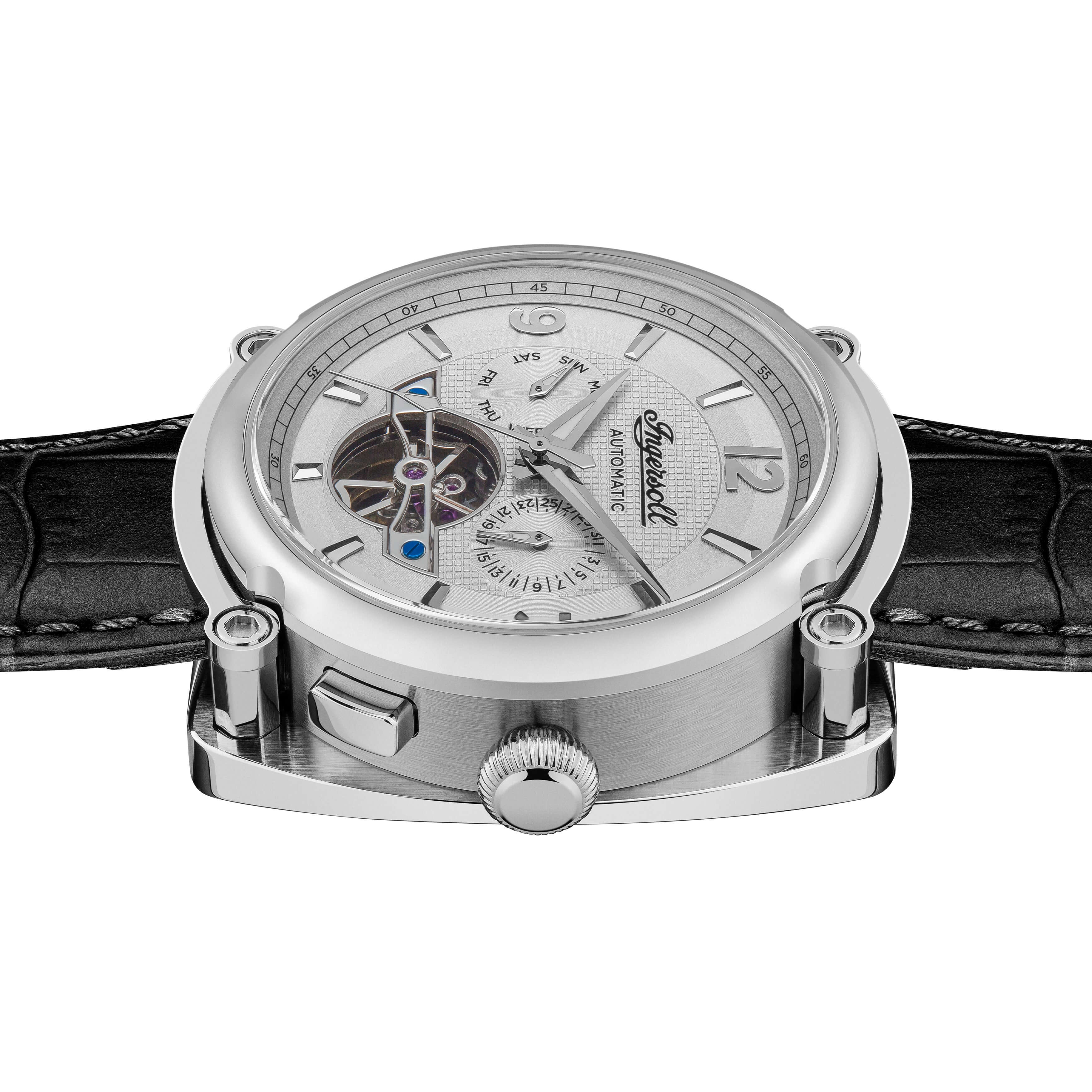 Ingersoll The Michigan Her­ren-Au­to­ma­tik­uhr, 45 mm, mit silbernem Open-Heart-Zif­fer­blatt und schwarzem Echt­le­der­arm­band I01105 - Image 4
