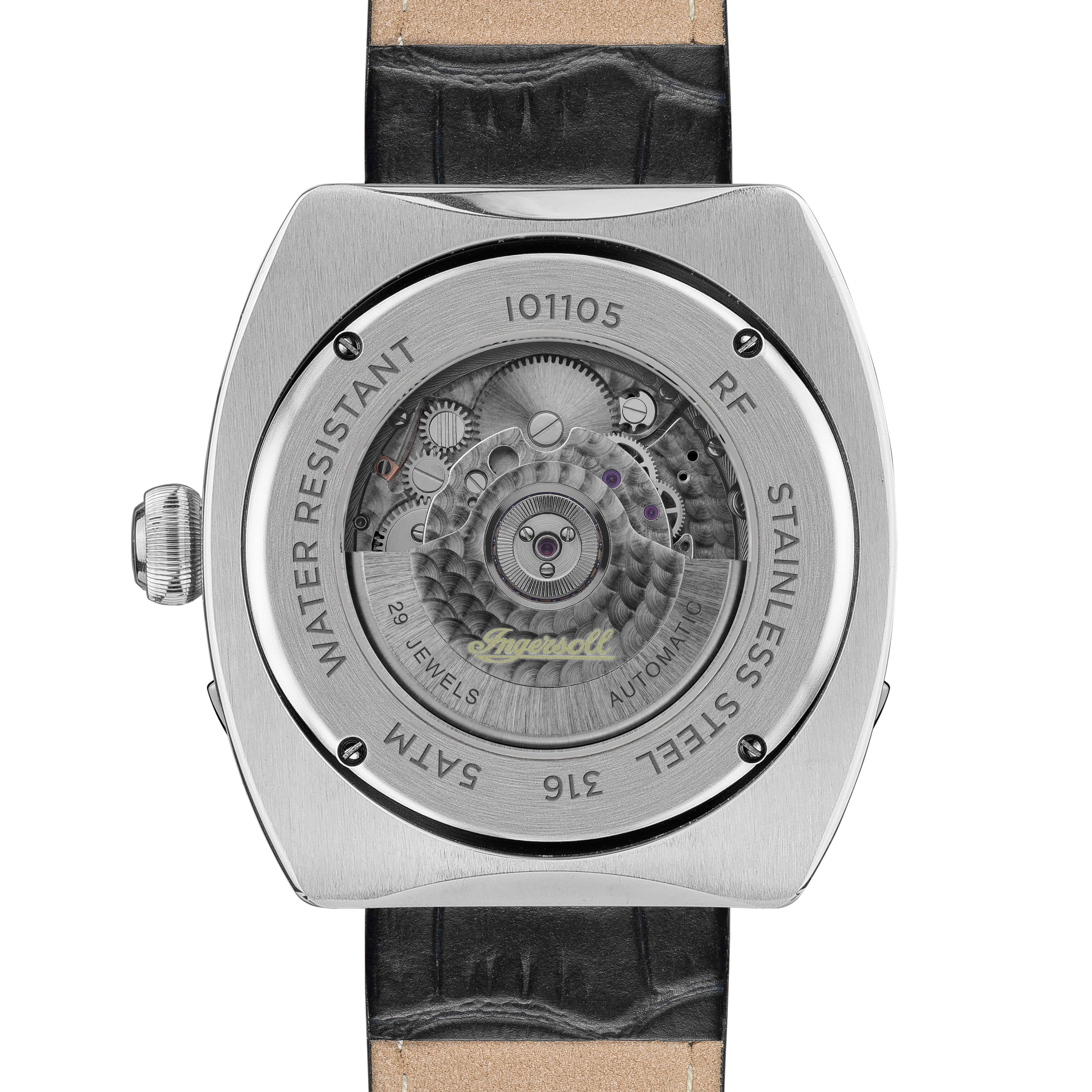 Ingersoll The Michigan Her­ren-Au­to­ma­tik­uhr, 45 mm, mit silbernem Open-Heart-Zif­fer­blatt und schwarzem Echt­le­der­arm­band I01105 - Image 5