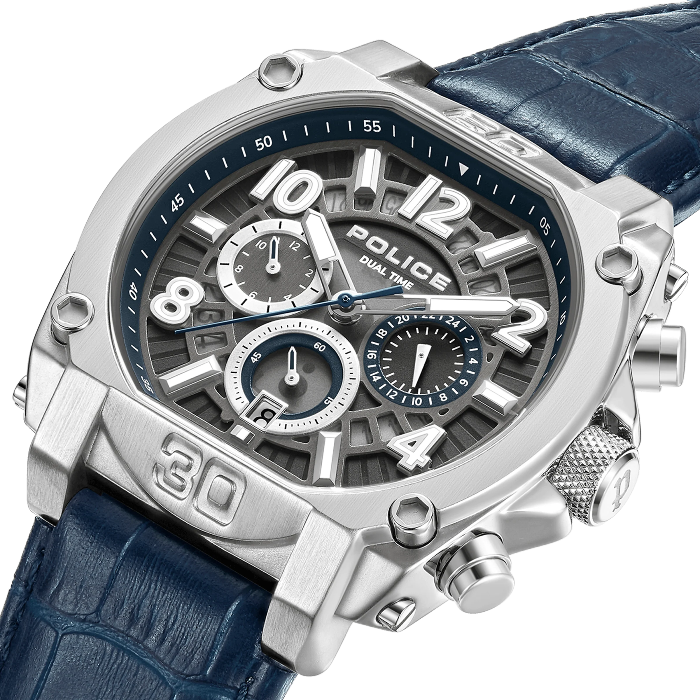 Police Herren Armbanduhr Analog Chronograph Leder Blau Silber 44mm Herrenuhr Armbanduhr - Image 4