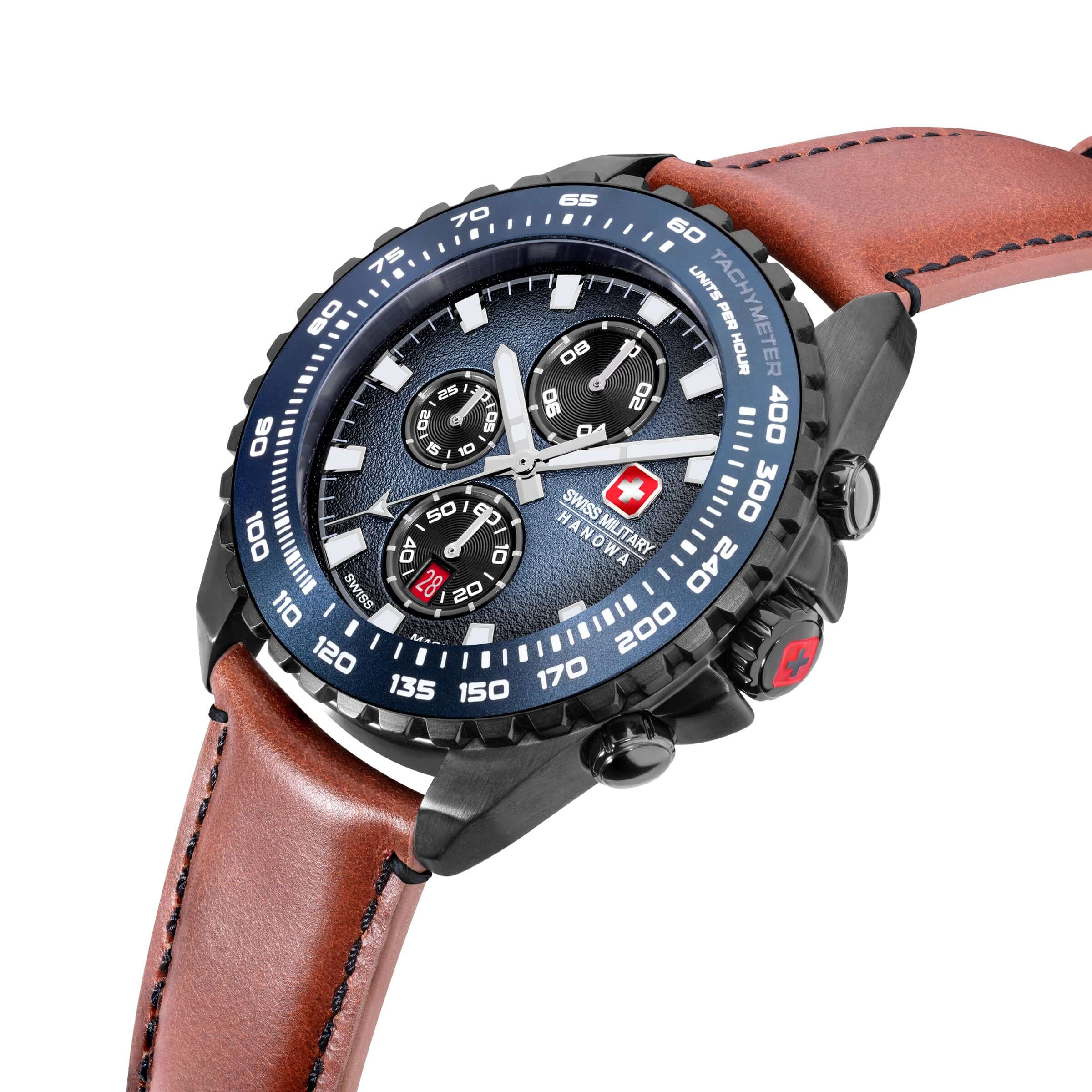 STONE MARTEN Herren Armbanduhr Chronograph Leder Blau Braun 44mm - Swiss Made - Image 2