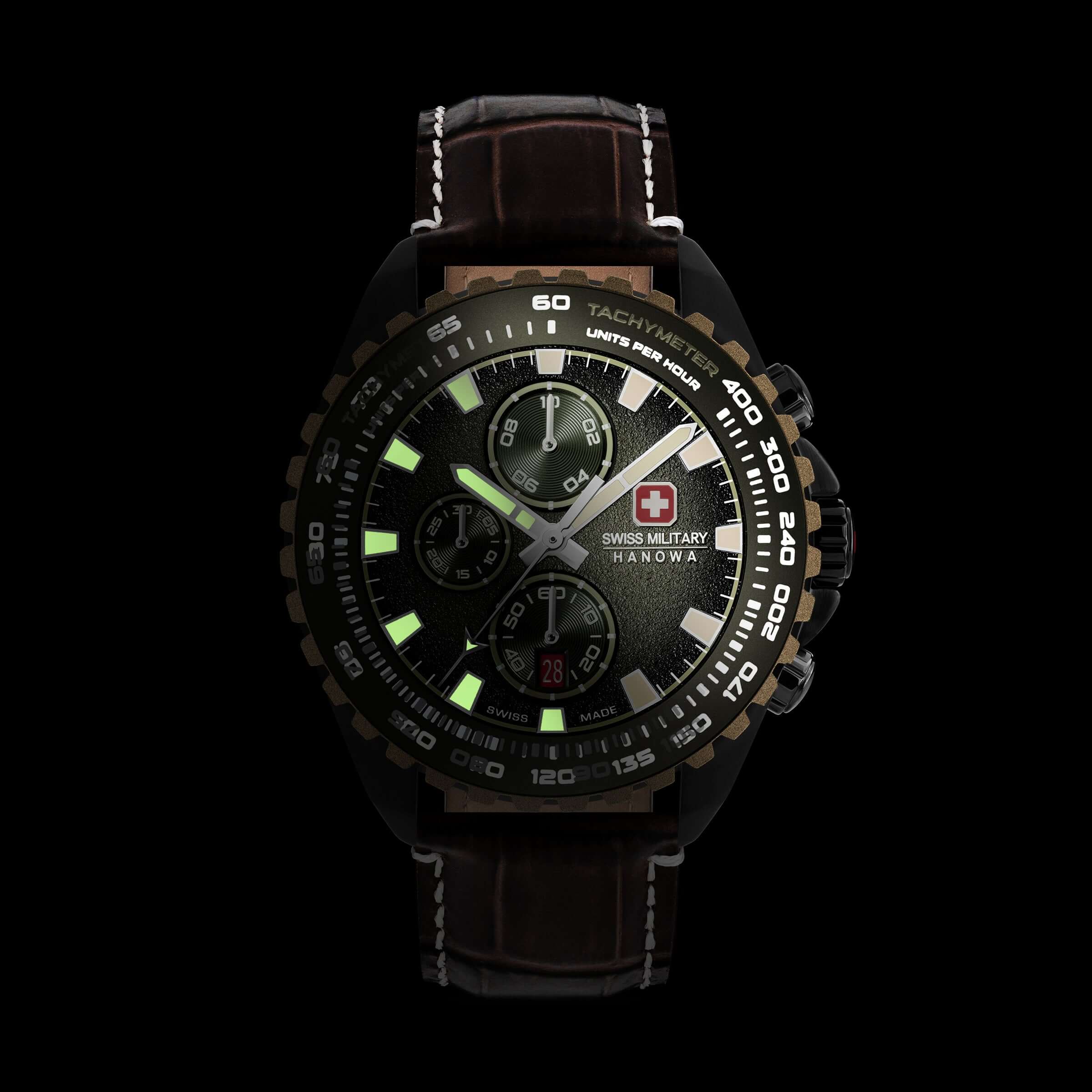 STONE MARTEN Men's Wrist Watch Chronograph Green Brown Leather 44mm - Swiss Made - Image 5