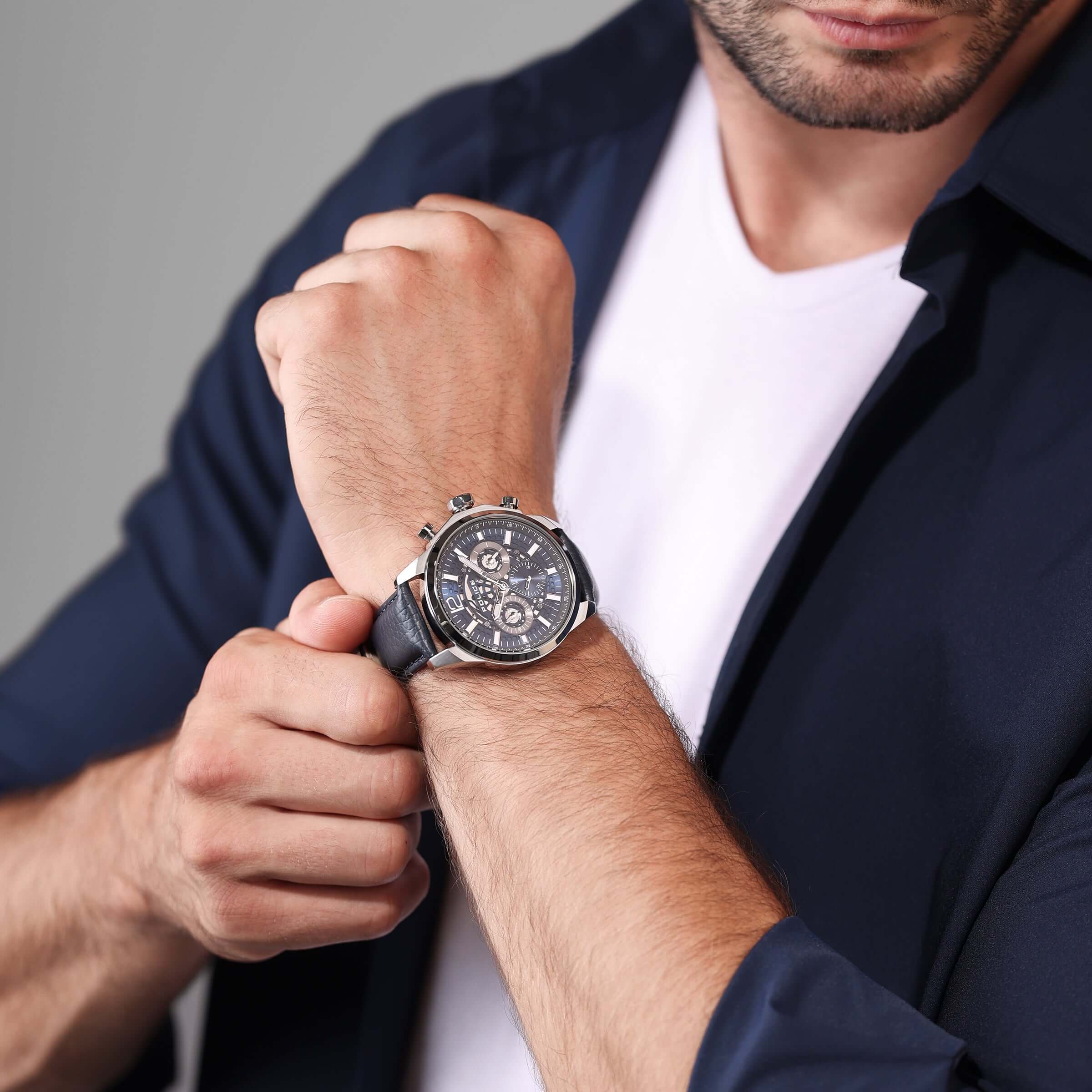 Police Herren Armbanduhr Analog Chronograph Leder Blau 42mm Herrenuhr Handgelenk Armbänder Uhren - Image 5