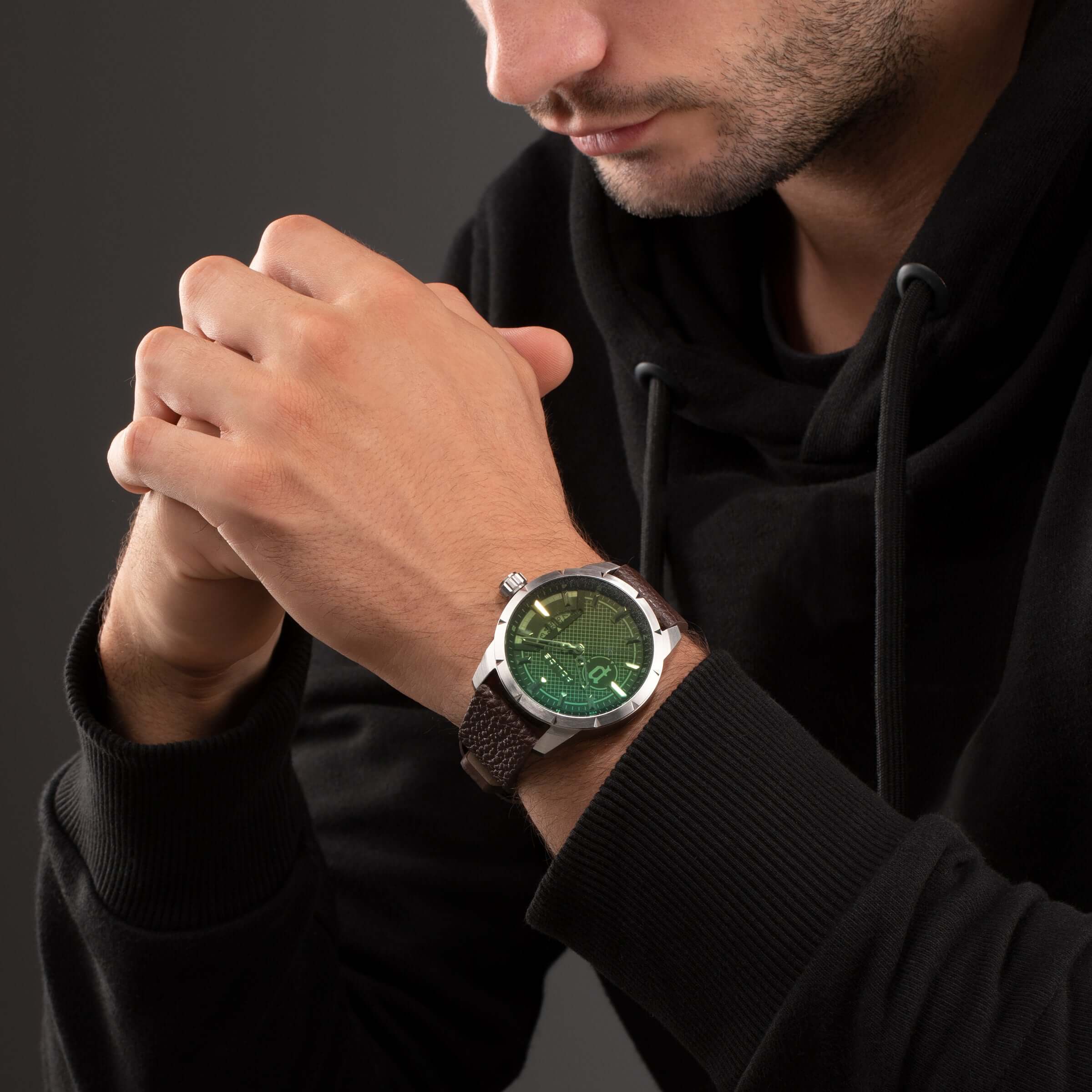 Police Herren Armbanduhr Chronograph Leder Grün Braun 44mm Analog Uhr Handgelenk Uhrzeit - Image 2