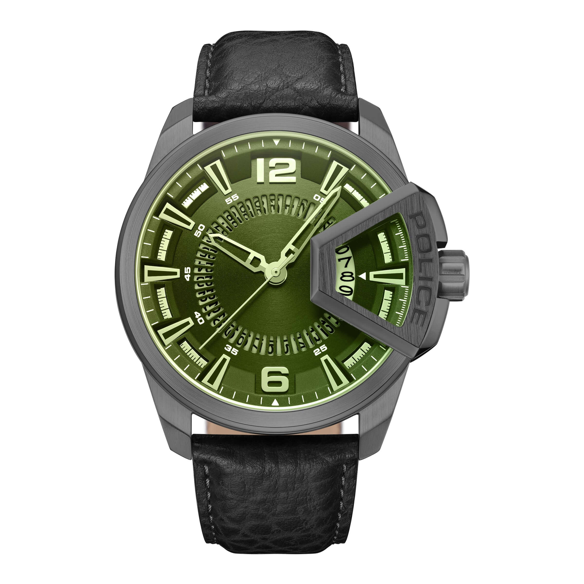 Police Herren Armbanduhr Analog Leder Grün 42mm - Chronograph Herrenuhr Armbanduhr Uhrzeit Analoguhr