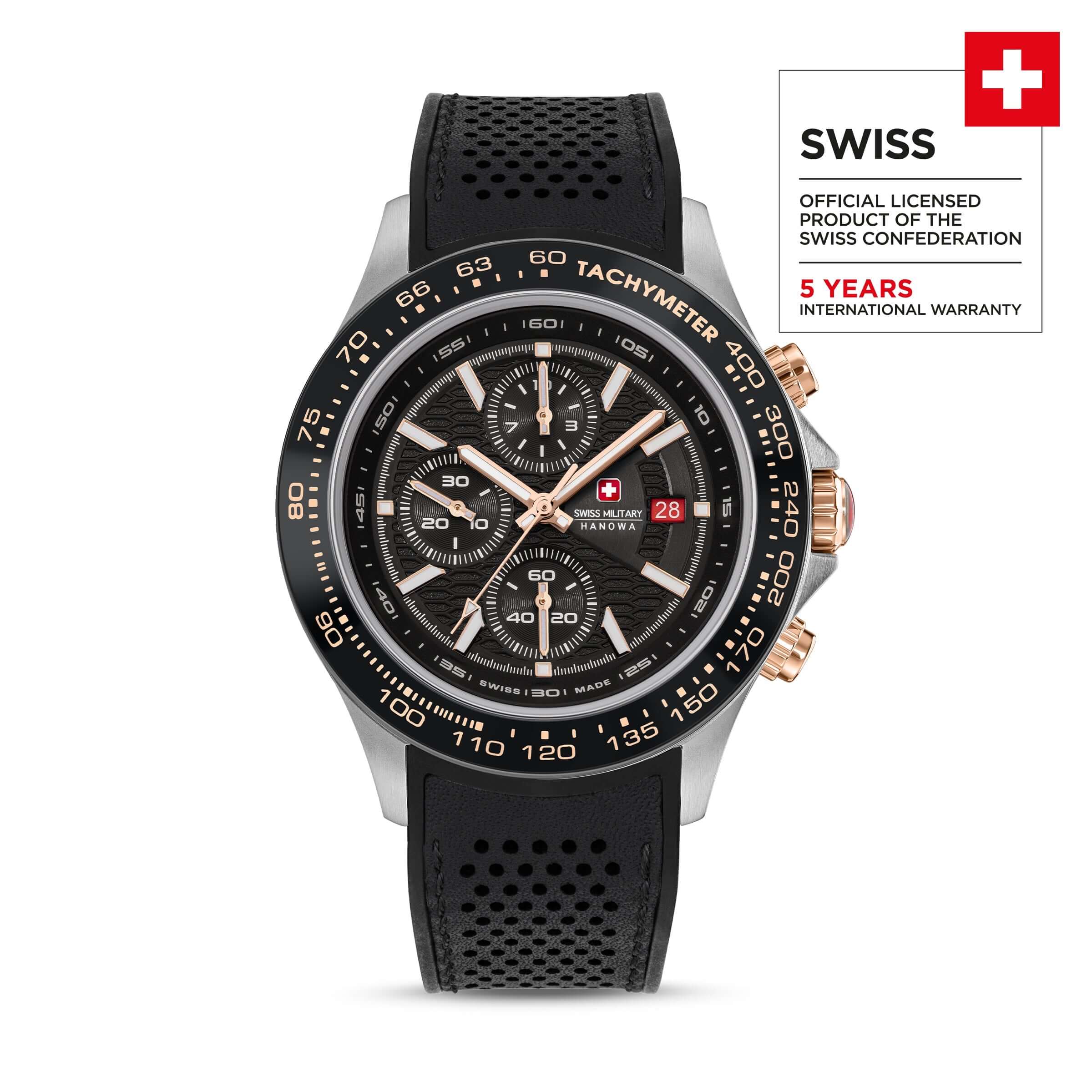 WATCHMAN Herren Armbanduhr Chronograph Leder Schwarz Roségold 42 mm - Swiss Made