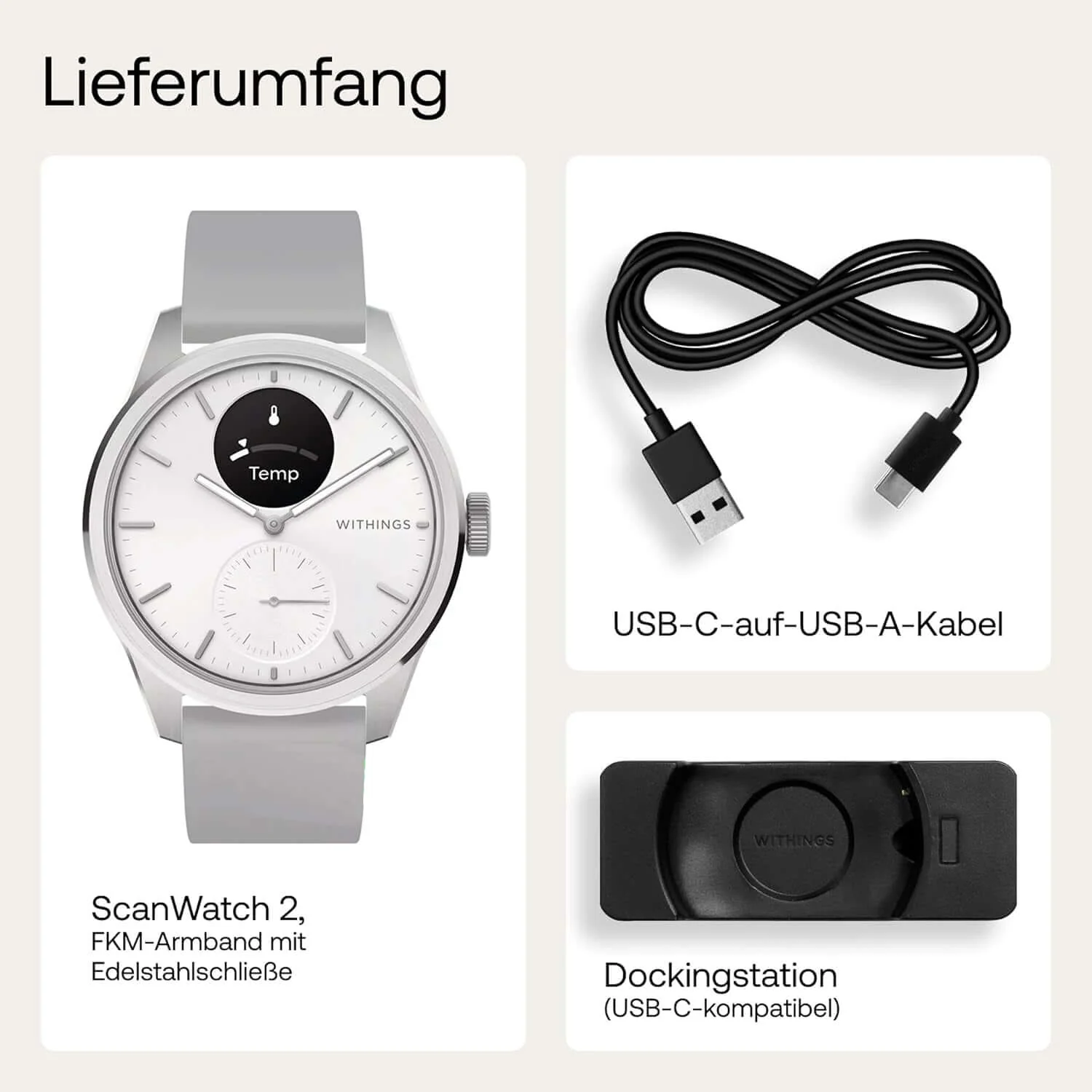 Withings ScanWatch 2 - White 42mm + Gratis Withings Lederarmband in Braun - Image 3